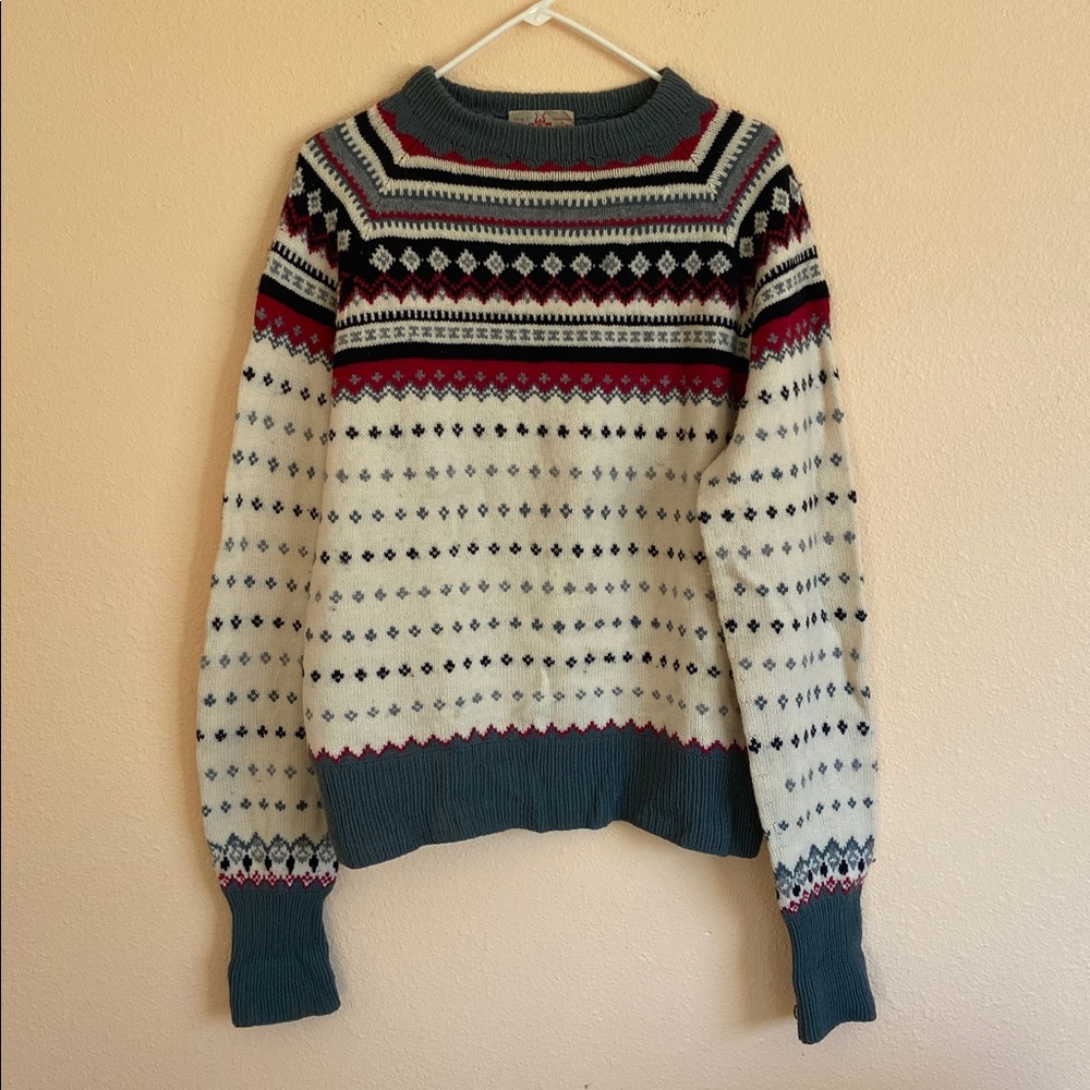 Vintage Handmade in Denmark 100% Wool Patterned Pullover Sweater, Size Large